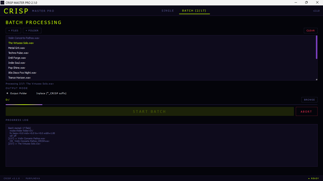 CRISP MASTER PRO v2.1 — Batch mode processing 2 of 17 files with progress log, output folder selection and ABORT button