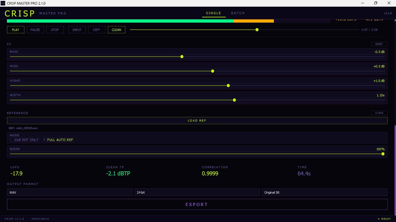 CRISP MASTER PRO v2.1 — Live FX panel with Bass/Mids/Highs/Width sliders, Reference-Match (FULL AUTO REF, Blend 100%), LUFS/TP/Correlation result cards and Export button