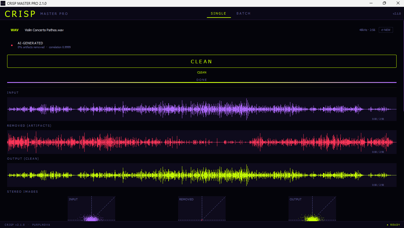 CRISP MASTER PRO v2.1 — A/B/C playback with three vectorscopes and waveform overlay